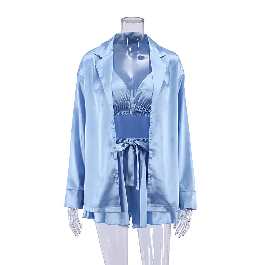 Wholesale Pajamas Three Piece Set Silk Long Sleeve Bathrobe Home Wear